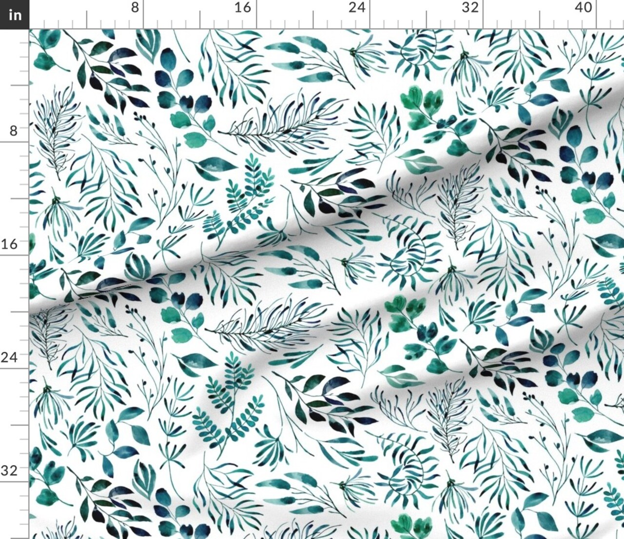 Teal Leaves Botanical Nature Ferns White Leaf Pattern Watercolor Forest Fern Emerald Feminine Custom Printed Fabric by Spoonflower Various Fabrics by the Yard or Fat Quarter